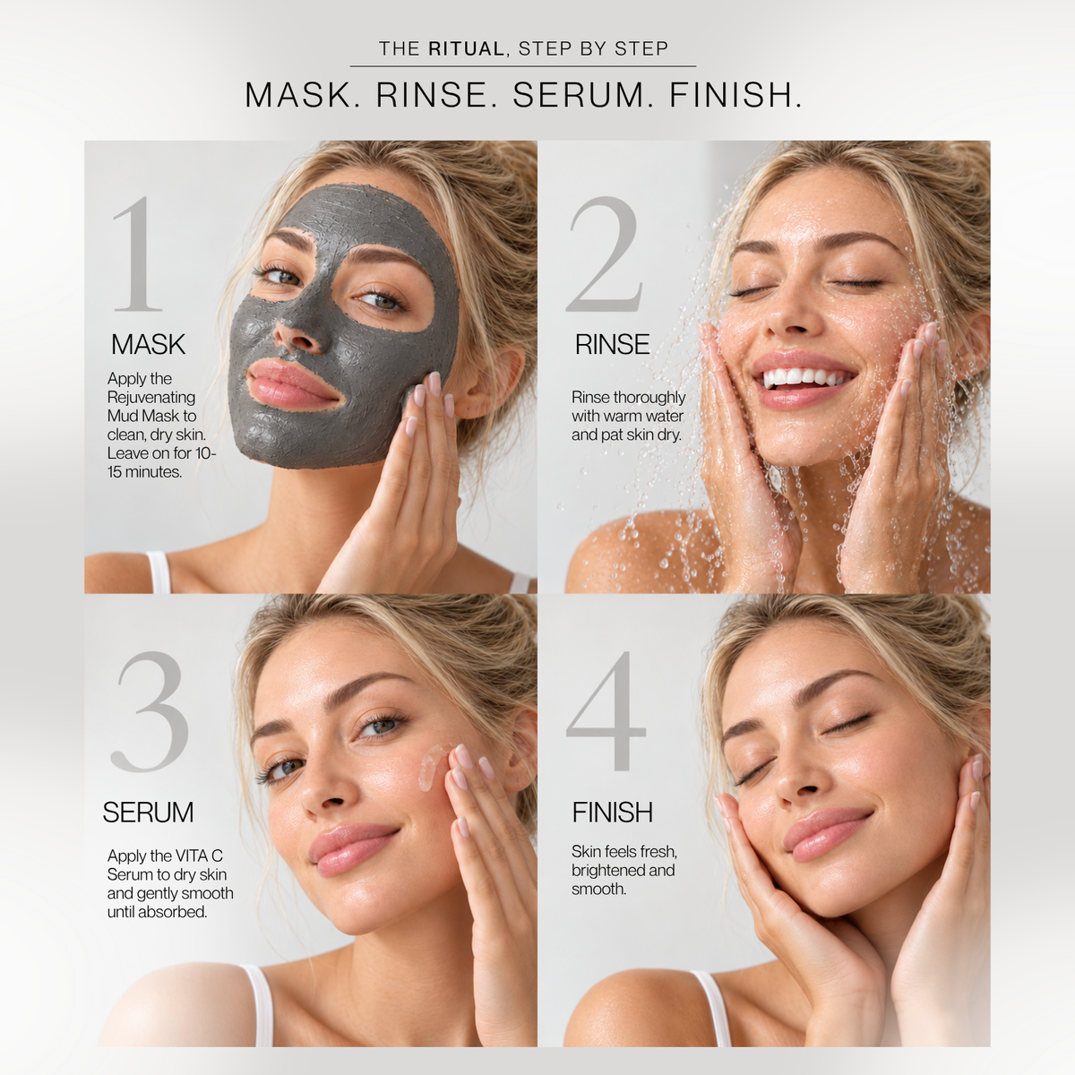 A four-step skincare routine infographic showing a woman&
