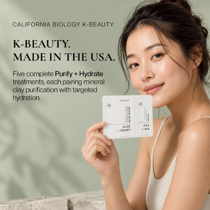 A woman in a beige top holds a K-Beauty card while promotional text on the left reads &