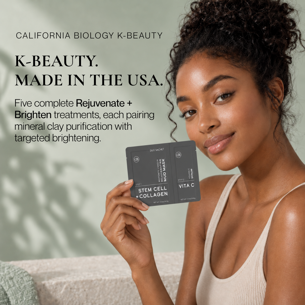 A woman holds a K-Beauty skincare card in her hand, with promotional text on the left side. The card is dark gray with white text reading &