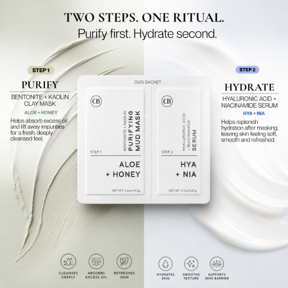 Two-step skincare duo sachet set on a clean white background with soft cream texture. The set includes a Purify step 1 mask packet and a Hydrate step 2 serum packet in a white DUO SACHET sleeve.