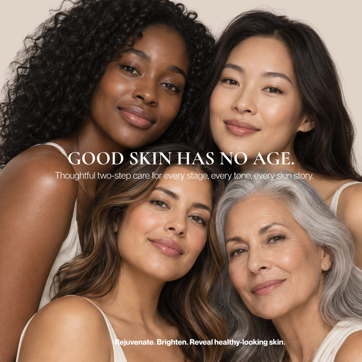 Four women of different ages and skin tones smiling closely together against a warm beige background