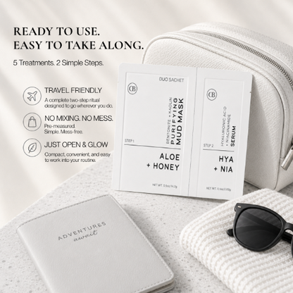 A travel skincare set laid out on a light neutral surface, including a white pouch, a white card holder with embossed branding, a dual-sachet mask packet labeled Purifying Mud Mask,