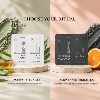Two skincare mask packets are displayed side by side on a marble slab with styled ingredients behind them. The left packet is white and labeled &