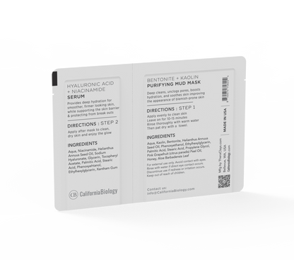 A single flat skincare packet shown on a plain white background, with printed text describing CaliforniaBiology Hyaluronic Acid + Niacinamide Serum and Bentonite 