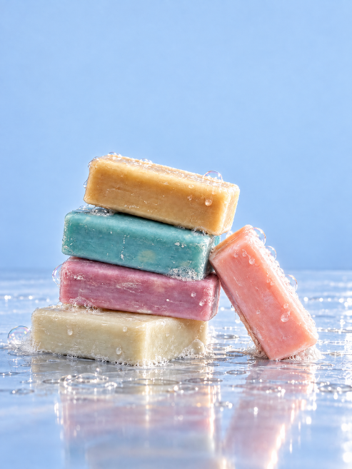 Four colorful rectangular bars wrapped in clear bubble wrap, stacked and leaning on a glossy reflective surface against a light blue background.