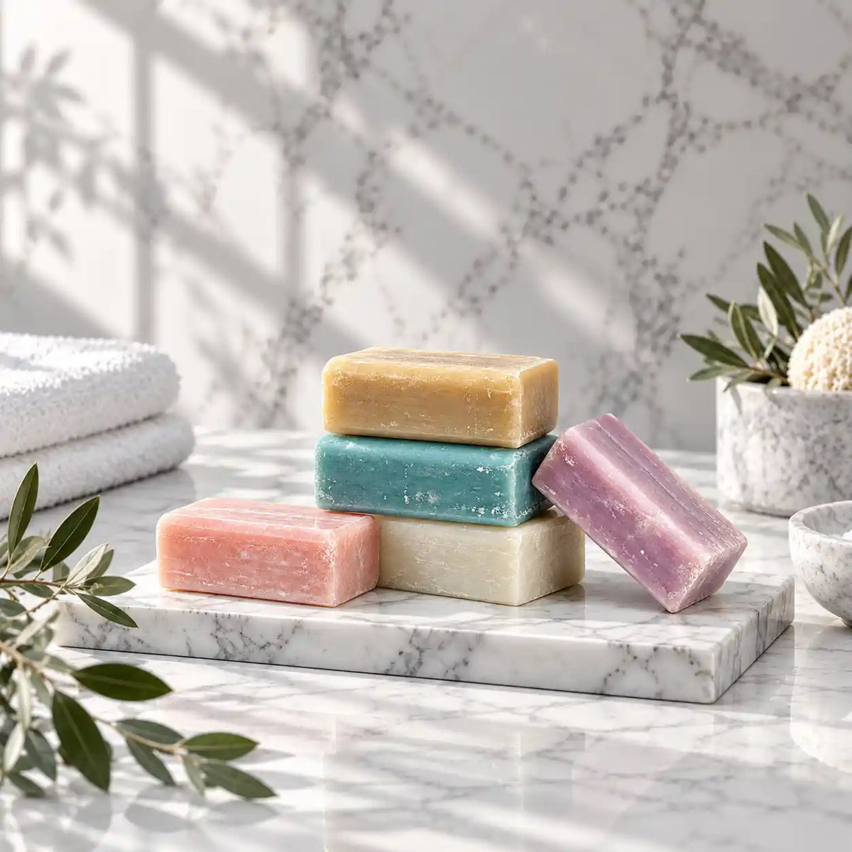 Four rectangular handmade soap bars in pastel pink, teal, cream, and lavender, stacked and leaning on a white marble tray. The scene is styled with white towels, olive branches, and a marble wall in soft natural light.