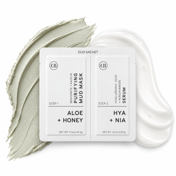 A dual-step skincare duo sachet set on a white background, featuring a greenish-gray mud mask swipe on the left and a white serum on the right