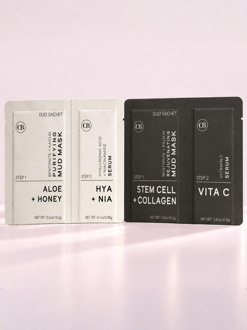 Three DUO SACHET skincare sachets from the brand BB on a light pink background. 