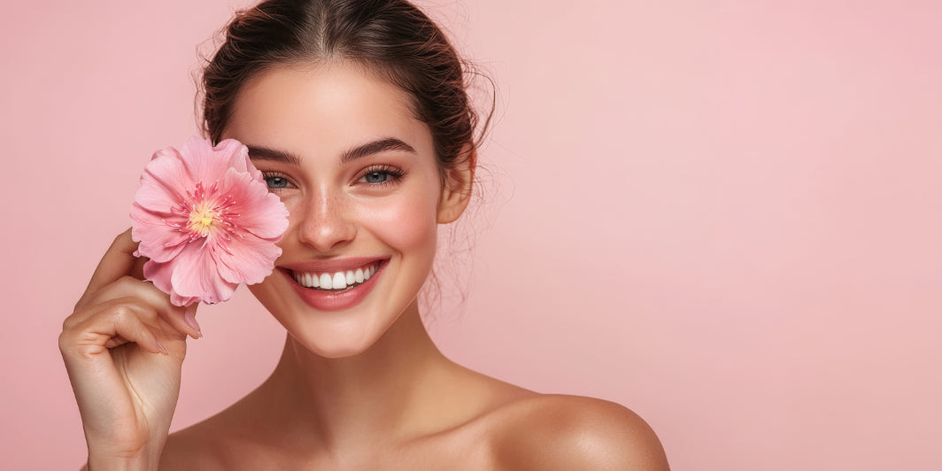 Smiling girl with pink flower on pink background