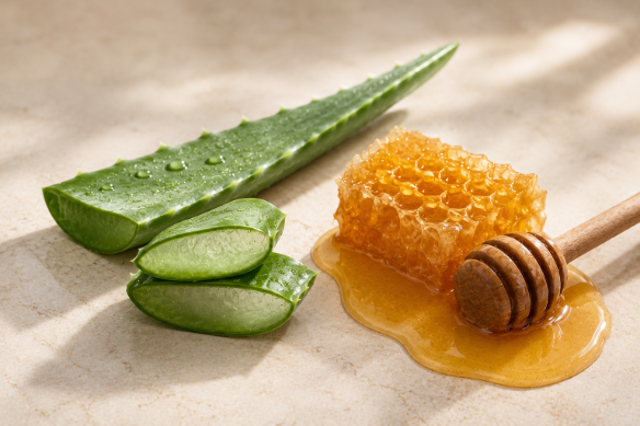 Aloe vera leaves and slices beside a honeycomb piece with honey pooling underneath and a wooden honey dipper, set on a light stone surface with soft shadows.