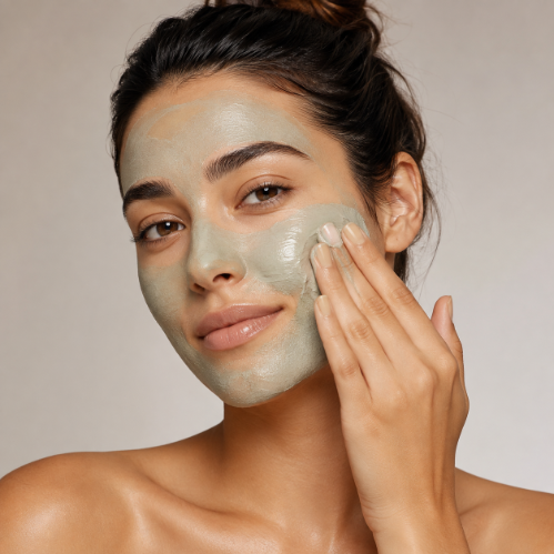 A close-up of a woman with a light gray-green clay face mask being applied to her cheek, set against a soft beige background.