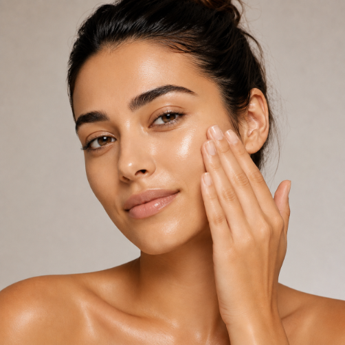 A close-up of a woman with glossy, radiant skin touching her cheek, showcasing a high-shine complexion against a soft beige background.