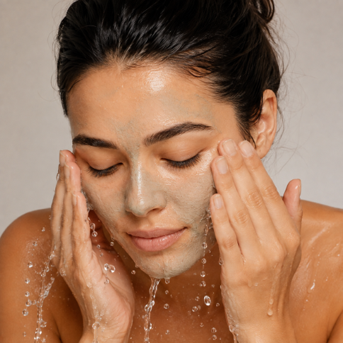 A close-up of a woman with a clay face mask being rinsed with water, her hands gently washing her face against a neutral light gray background.